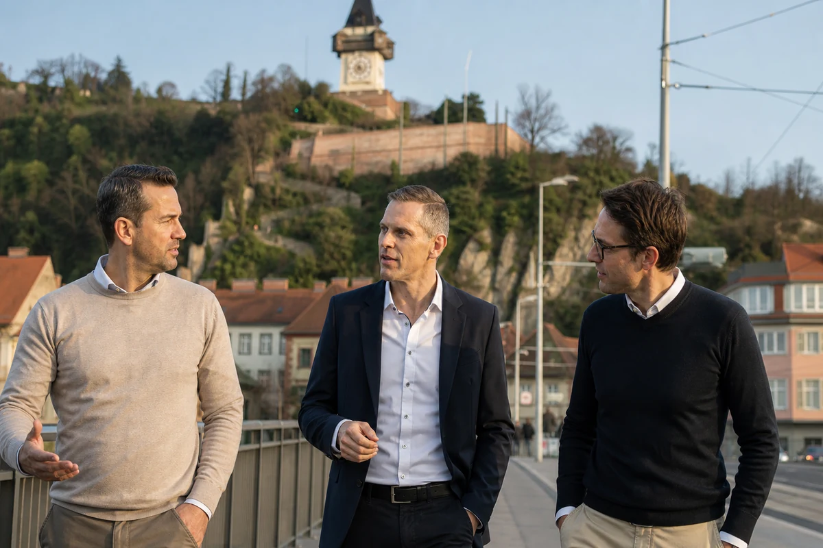 Rainer Kohut im Coaching-Gespräch mit zwei Teilnehmern vor dem Grazer Uhrturm