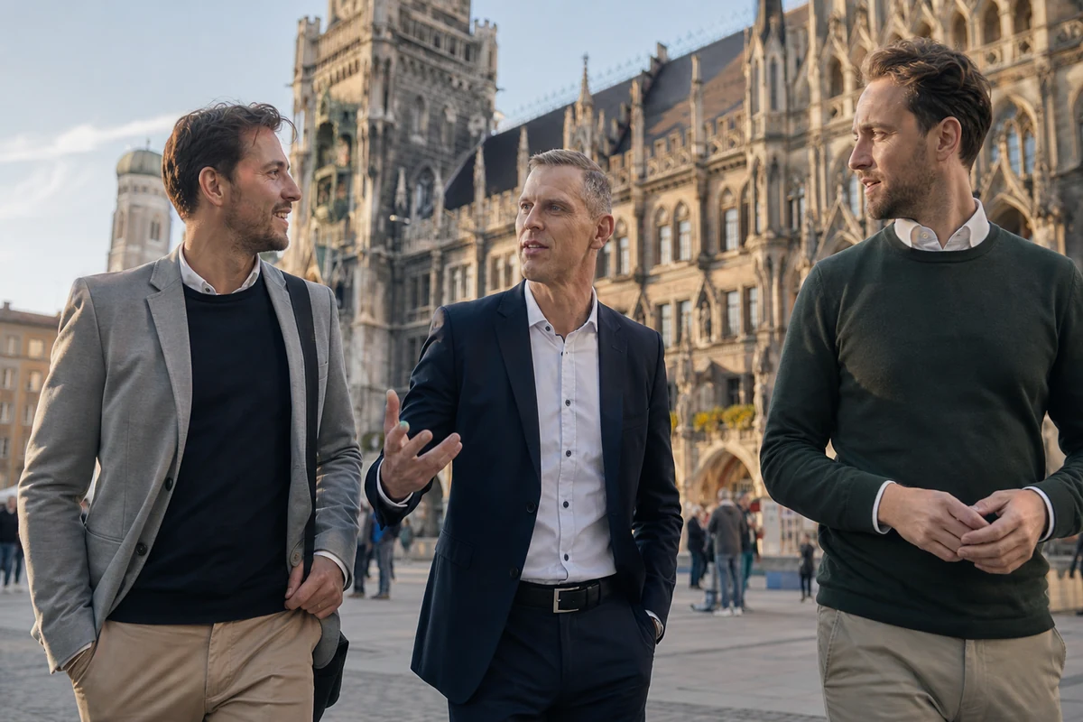 Rainer Kohut beim Dating Coaching mit zwei Teilnehmern am Marienplatz in München