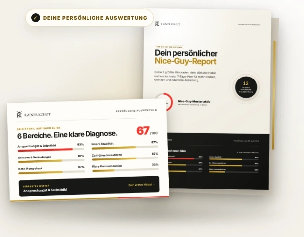Beispielansicht des persönlichen Nice-Guy-Reports: 12 Fragen, sechs Bereiche und ein 7-Tage-Plan
