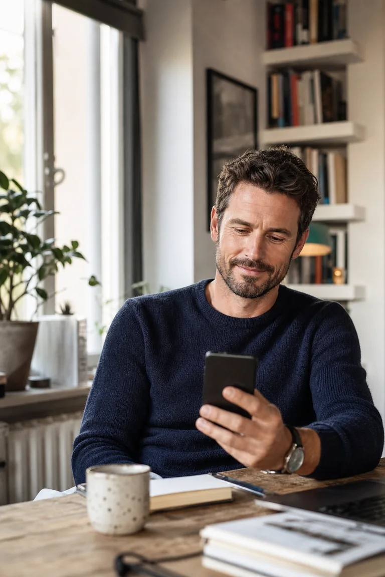 Ein Mann schreibt entspannt eine Nachricht auf seinem Smartphone