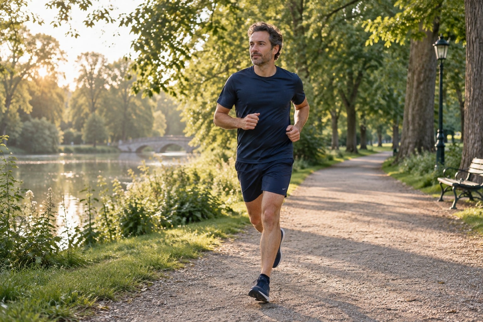 Symbolbild: Mann joggt morgens auf einem grünen Parkweg.