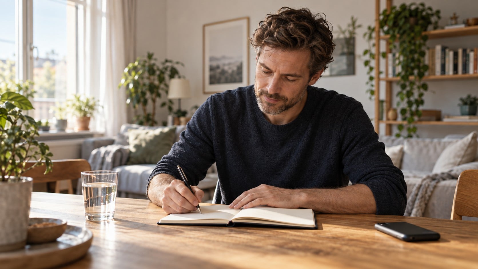 Symbolbild: Mann schreibt morgens seine Tagesziele in ein Notizbuch; sein Smartphone liegt beiseite.