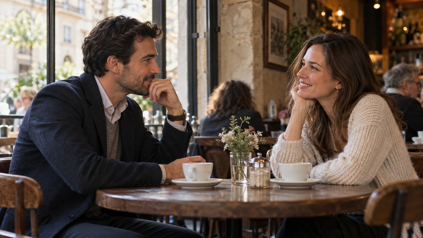KI-Symbolbild: Mann und Frau begegnen sich aufmerksam bei einem Gespräch im Café.