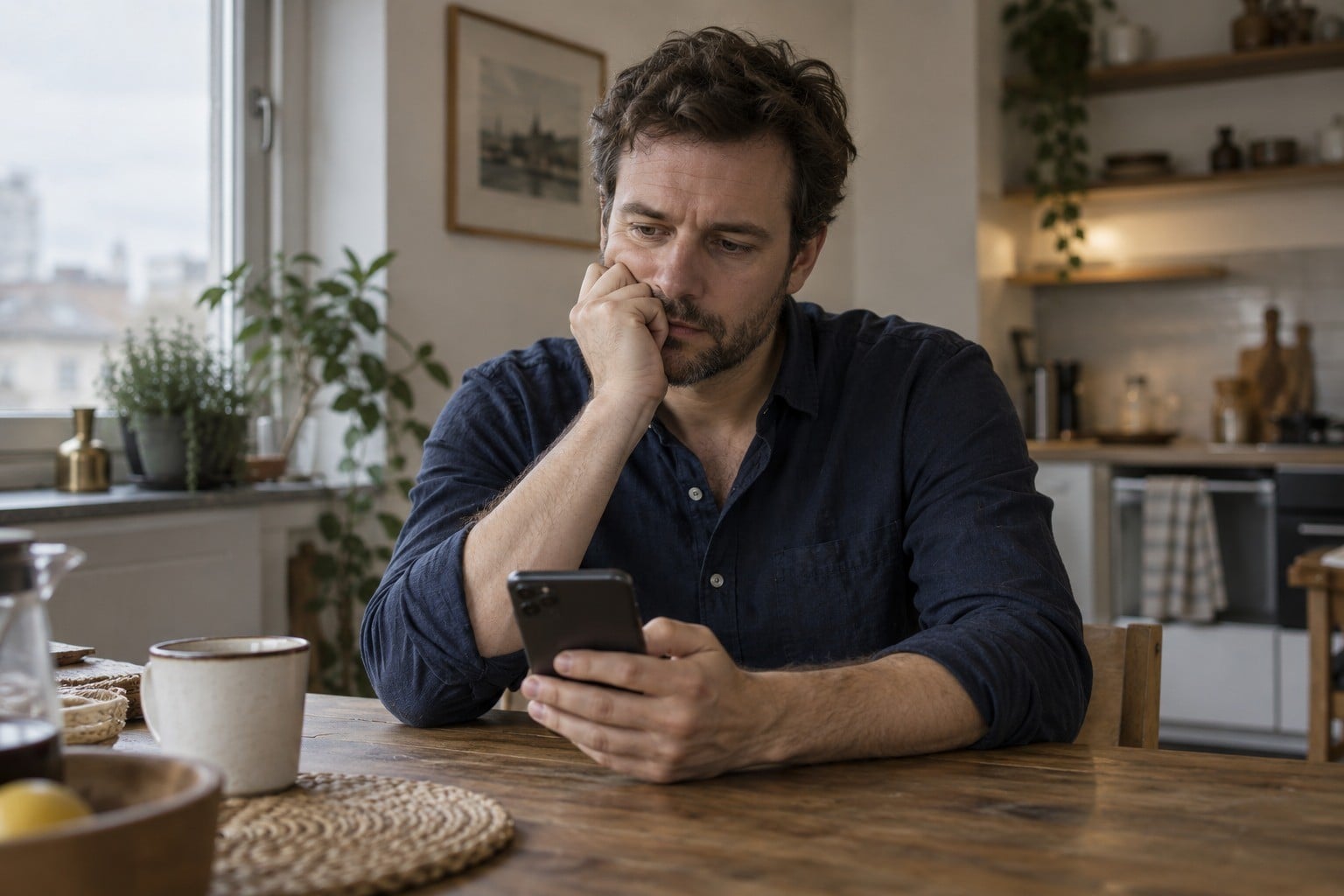 KI-Symbolbild: Mann denkt am Küchentisch über eine Nachricht auf seinem Smartphone nach.